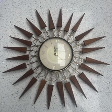Vintage Mid-Century Paico Sunburst/Starburst Wall Clock Brass Teak 1970s Retro 