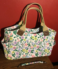 NATIONAL TRUST FLORAL COTTON CANVAS TOP HANDLE HANDBAG WITH POCKETS & KEY CLIP
