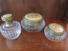 Vintage Regent Products England 3 Piece Glass Dresser Set with Embroidered Lids