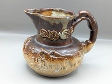 Antique English Salt Glaze Drip Glaze Hounds Horses Hunting Stoneware Jug 10cm H