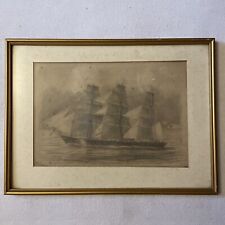 Antique Drawing Naval Frigate’ Multi Quarter Sails . Signed Sir Herbert Maxwell
