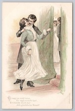 Victorian couple kissing by curtain, German embossed postcard