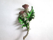 Vintage Purple Green Enamel Silver Tone Metal Scottish Thistle Flower Brooch Pin