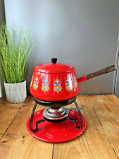MID CENTURY 60'S SCANDINAVIAN STYLE DUTCH RED FLORAL ENAMEL FONDUE SET & BURNER