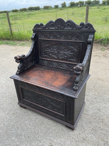 C19th carved oak box settle - c19th,
