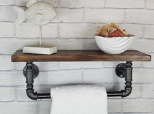 Industrial Pipe Bathroom Towel Rail With Rustic Oak Wooden Shelf