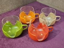 Set of 4 Vintage Pyrex Style Glass Cups Mugs with Plastic Holders Multicoloured