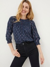EX Fat Face Navy Tamer Ikat Pleated Cotton Blouse Top 8 10 12 14 16 18 RRP £50