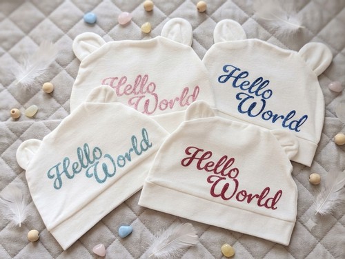 New born baby hat with - , "hello