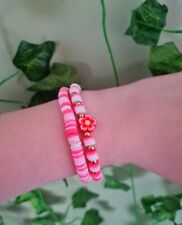 Preppy Cute Pink Flower Clay Bead Bracelet Set??