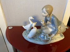 vintage large Lladro Girl Feeding Geese  ducks birds  Figurine Damage to a tail