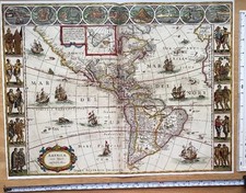 Large Old Antique Blaeu Poster Map New World America 1600s REPRINT Vignette