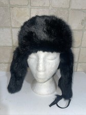 Vintage Original USSR Winter Black Rabbit Fur Trapper Hat Size Medium