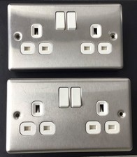 2 x 13 Amp Double Switched Mains Electric Sockets - Brushed Steel Facia