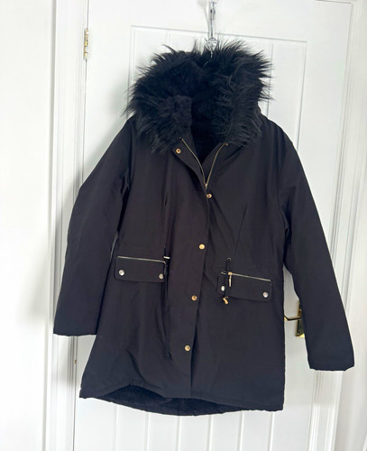 Black hooded parka jacket faux - parka,