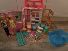 barbie bundle,fold + go house with furniture, pool, 2 dolls+lots of accessories