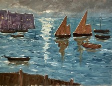 VINTAGE OIL PAINTING Moonlight Harbour ST IVES SCHOOL Beautiful Piece