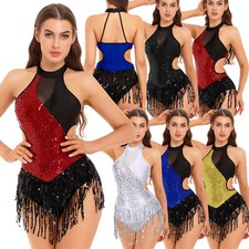 UK Women Tassel Latin Dance Dress Sequins Leotard Cha Cha Samba Ballroom Costume