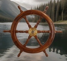 28"Brass Wooden Vintage Ship Steering Wheel Pirate Décor Wood Fishing Wall Boat