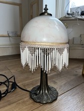 Victorian Boudoir Style Table Lamp Pale Pink Milk Glass Shade Beaded Fringe
