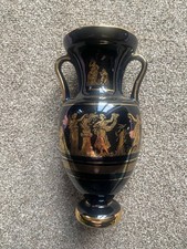 Handmade Greek Black Vase 24K Gold Trim Ancient Mythology Design Two Handles