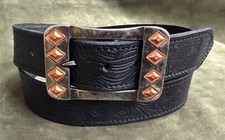 Black Floral Leaf pattern Real leather Belt 40mm with Buckle Hand Made V72