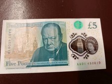 Bank of England £5 polymer bank note. Early issue number AA01 one to collect.