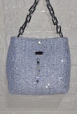 Baby Blue Canvas And Sequin Medium Pouch Tote Handbag With Charm