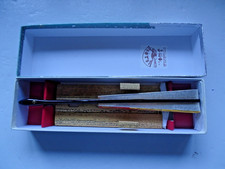 Sensu Folding Fan Japanese Red and silver Pattern Wood boxed with bamboo stand.