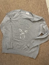 Lauren Taylor Grey Christmas V-Neck Jumper Sequin Stag Size Large Exc Con