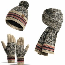 Ladies Hat Scarf and Gloves Set Warm / Lined Beanie Hat Touchscreen Gloves UK