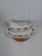 Vintage Sherwood Ridgway Gravy Boat & Plate White Mist China Christmas 