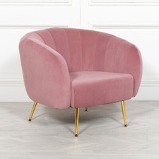 Large Art Deco Style Pink Ribbed Velvet Tub Armchair Gold Legs Occasional Chair