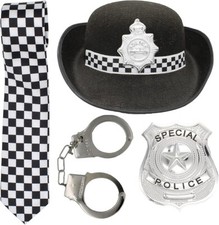 Woman Police hat with Hand Cuffs, Police Badge & Check Tie FancyDress WPC Outfit