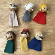 Vintage Wooden Face Head 1970's Finger Puppets ~ Lot of 6 ~ VGC