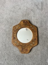 Vintage 1970s Leather Framed Mirror, With Floral Pattern 