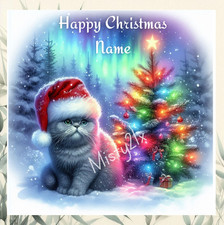 Personalised BRITISH SHORTHAIR CAT Greeting Card CHRISTMAS XMAS Aurora Lights