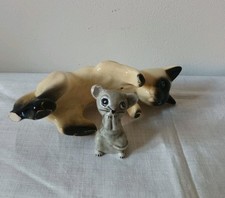 Vintage Ceramic Cat & Mouse Set for Display In Brandy Glass 1960's Kitsch Damage