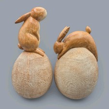 Cute Pair Of Decorative Wood Effect Resin Rabbits On Large Eggs, Easter Eggs