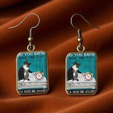 For A True Cat Owner Pair Handmade Retro Cat Alarm Clock Earrings Vintage Square