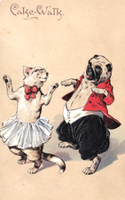 White Lady Cat dances with Pug Dog. Early Embossed PC