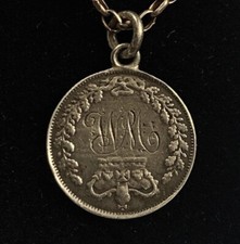 Antique Victorian engraved silver coin love token charm necklace - initials WM