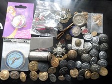 JOB LOT OF  BUTTONS,BADGES,COINS,OLD MOEY BOX,ETC. IN SHARPS SWEET TIN.FINE.