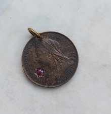 Victorian Antique - Love Token Coin - Garnet Stone - Farthing