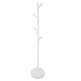keypak Wooden Coat Stand with Round Base, Freestanding Coat Rack, Adjustable Height Coat Tree with 8 Hooks for Hanging Clothes, Jackets, Bags, Hats (White)