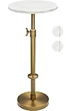 Adjustable-Height Marble Drink Table - 10x10x22-30, White Marble & Antique Brass, Modern Round End Table, Side Table with Pedestal Stand for Small Spaces, Vintage Metal Martini Cocktail Accent
