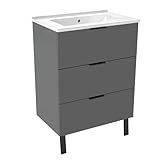 Biubiubath 600mm Grey Bathroom Vanity with Ceramic Basin,3 Soft Close Drawers for Storage,Easy-Clean Surface,2 metal weight-bearing legs,flat packed