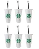 Starbucks 6 Pack Reusable Venti 24oz Frosted Cold Cup With Lid and Green Straw w/Stopper
