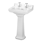 Balterley 560mm Traditional mm Bathroom Sink, Full Pedestal Ceramic Bathroom Wash Basin Sink with Overflow, 2 Tap Hole, Floor Standing Basin Sinks for Cloakroom - 560 x 450 x 905mm (White)