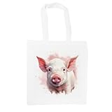 Purely Home Pink Pig Tote Bag - Watercolour Art Gift for Coutryside & Farm Animal Lovers - Reusable White Shopping Bag Present